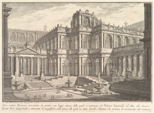Foro romano antiguo rodeado de pórticos, con logias, algunas de las cuales comunican w... de Giovanni Battista Piranesi