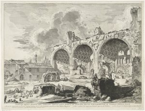 Basílica de Majencio en Roma Vista de los restos del Tablino de la Casa Dorada de Nerón, comúnmente conocido como el Templo de la Paz (título sobre el objeto) Gezichten op Rome (título de la serie) Vistas de Roma diseñadas y grabadas por Giambattista Piran de Giovanni Battista Piranesi