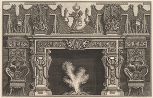 Pájaro en concha en el centro del dintel, con un friso de trofeos, coronado por un..., 1769