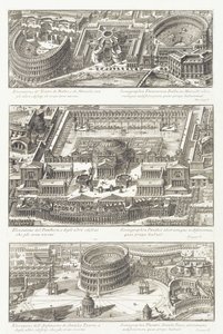 Vistas aéreas de: los teatros Balbo y Marcello, el Panteón y el área circundante, y el Anfiteatro Statilio Tauro de Giovanni Battista Piranesi