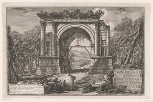 Boog van Augustus te Aosta Vista del Arco construido en honor a Augusto cerca de la ciudad de Aosta en Piamonte, anteriormente Augusta Praetoria Salassorum (título sobre el objeto) Enige gezichten op door Romeinen gebouwde triomfbogen en andere Monumenten  de Giovanni Battista Piranesi