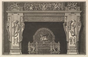 Chimenea: Friso de trofeos y victorias aladas en el dintel, con cornucopias, ca. 1769