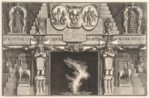 Chimenea en estilo egipcio: Grupos de tres desnudos femeninos en la base de cada j..., ca. 1769 de Giovanni Battista Piranesi
