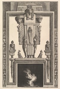 Chimenea en estilo egipcio: Momia superpuesta a una gran cariátide sobre el lintel..., 1769 de Giovanni Battista Piranesi
