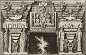 Chimenea de estilo egipcio: dos momias de perfil a la izquierda y dos figuras que llevan obeliscos a la derecha. de Giovanni Battista Piranesi