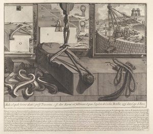 Panel de demostración que muestra la técnica para levantar bloques de travertino y mármol para la con..., 1756