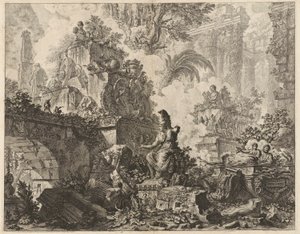 Frontispicio, Fantasía de ruinas con estatua de Minerva en primer plano, de Vedute di Roma (Vistas de Roma) de Giovanni Battista Piranesi