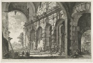 Financiamiento van de Santi Giovanni e Paolo te Rome Vista del piso superior del Serraglio delle Fiere construido por Domiciano para el uso del Anfiteatro Flavio y comúnmente conocido como Curia Ostilia (título sobre el objeto) Gezichten op Rome (título de de Giovanni Battista Piranesi