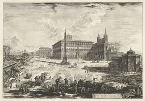 Gezicht op het Lateraan te Rome met de Sint-Jan van Lateranen Vista de la Piazza y la Basílica de S. Giovanni in Laterano (título sobre el objeto) Gezichten op Rome (título de la serie) Vistas de Roma diseñadas y grabadas por el arquitecto Giambattista Pir de Giovanni Battista Piranesi