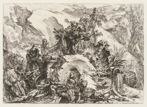 Groteschi: Ruinas con cabeza de muerte y esqueleto de Giovanni Battista Piranesi