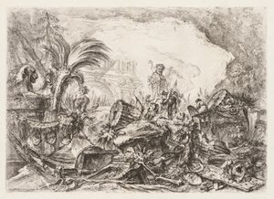 Groteschi: Ruinas con una estatua de un fauno y una columna caída, ca. 1745-50 de Giovanni Battista Piranesi