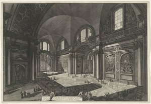 Interior van de Santa Maria degli Angeli e dei Martiri te Rome Vista interna de la Iglesia de la Madonna degli Anioli della della Certosa, que era antigua y era la Sala principal de las Termas de Diocleciano (título sobre el objeto) Gezichten op Rome (títu de Giovanni Battista Piranesi