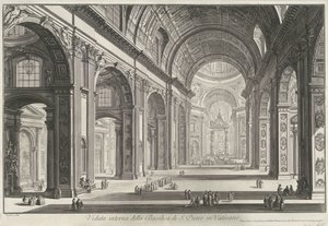 Interior van de Sint-Pietersbasiliek te Vaticaanstad Vista interior de la Basílica de San Pedro en el Vaticano (título sobre objeto) Gezichten op Rome (título de la serie) Vistas de Roma diseñadas y grabadas por el arquitecto Giambattista Piranesi Ve (nez) de Giovanni Battista Piranesi