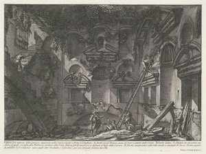 Interieur van draftombe bij Vigna Casali Vista interna de la cámara sepulcral en el viñedo Casali en Porta S. Sebastiano (título sobre objeto) Archeologische vondsten in en rond Rome (título de la serie) Antigüedades romanas (título de la serie) de Giovanni Battista Piranesi