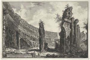 Interior del Coliseo de Roma Vista del interior del Anfiteatro Flavio conocido como Coliseo (título sobre el objeto) Gezichten op Rome (título de la serie) Vistas de Roma diseñadas y grabadas por el arquitecto Giambattista Piranesi Ve (nez) iano (título de de Giovanni Battista Piranesi