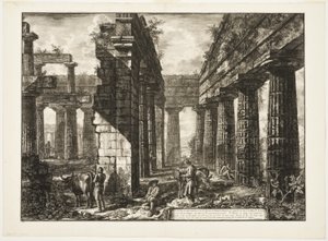 Vista interior de los restos de uno de los pronaos del Templo de Neptuno que mira hacia el interior, de Diferentes vistas de Paestum de Giovanni Battista Piranesi