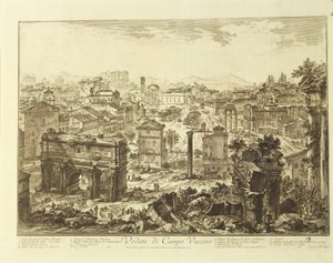 Italia, Roma, vista del Campo Vaccino (Foro Romano) con el Arco de Septimio Severo (grabado)