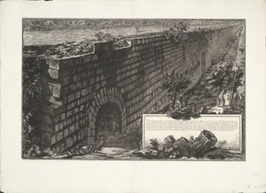 muurconstructie Vista de la magnífica Subestructura construida para soportar la pendiente del Monte y hacer la Vía Apia más cómoda y menos inclinada entre el valle y las dos colinas opuestas (...) (título sobre el objeto) Archeologische vondsten uit Albano de Giovanni Battista Piranesi