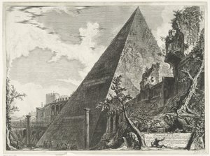Pirámide de Cestio de Roma Pirámide de C. Cestio (título sobre objeto) Gezichten op Rome (título de la serie) Vistas de Roma diseñadas y grabadas por el arquitecto Giambattista Piranesi Ve (nez) iano (título de la serie)