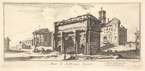 Placa 13: Arco de Septimio Severo 1. Templo de la Concordia. 2. Ascenso al Capitolio ..., ca. 1748 de Giovanni Battista Piranesi