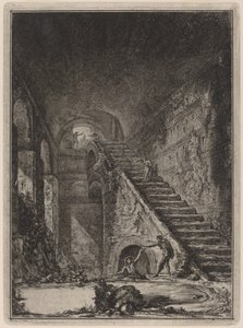 Perspectiva de la escalera de la conserva de agua de los ya mencionados alojamientos, señalados en el plano en la Tav. XIII con la letra G.