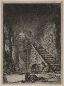 Perspectiva de la escalera del depósito de agua de los alojamientos ya mencionados, señalados en planta en la lámina XIII con la letra G. de Giovanni Battista Piranesi