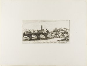 Puente Senatorial, hoy llamado Ponte Rotto [Puente Roto]. 1. Templo de Vesta. 2. Templo de Fortuna Virilis. 3. Parte del antiguo Palatino, lámina 14 de Algunas vistas de arcos de triunfo y otros monumentos. de Giovanni Battista Piranesi