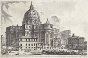 Sint-Pietersbasiliek vanaf Plaza de la Sacristía Vista del exterior de la gran Basílica de San Pedro en el Vaticano (título sobre objeto) Gezichten op Rome (título de la serie) Vistas de Roma diseñadas y grabadas por el arquitecto Giambattista Piranesi Ve 