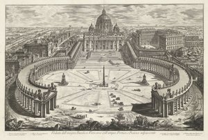 Sint-Pietersplein met de Sint-Pietersbasiliek te Vaticaanstad Vista de la famosa basílica del Vaticano con su gran pórtico y la plaza adyacente (título sobre el objeto) Gezichten op Rome (título de la serie) Arco Vistas de Roma diseñadas y grabadas por Gia