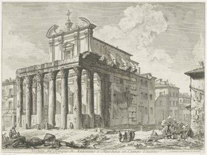 Tempel van Antoninus y Faustina te Rome Vista del Templo de Antonino y Faustina en Campo Vaccino (título sobre objeto) Gezichten op Rome (título de la serie) Vistas de Roma diseñadas y grabadas por el arquitecto Giambattista Piranesi Ve (nez) iano (título  de Giovanni Battista Piranesi