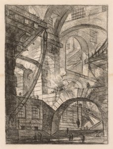 Las prisiones: Una perspectiva de arcos con un fuego humeante de Giovanni Battista Piranesi