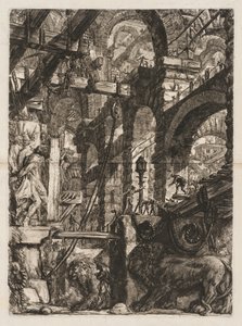 Las prisiones: Una perspectiva de arcos romanos, con dos leones tallados en relieve..., 1745-50 de Giovanni Battista Piranesi