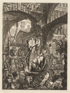Las Prisiones: Una Mezcla Arquitectónica, con un Hombre en la Roca en Primer Plano de Giovanni Battista Piranesi