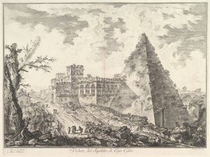 La pirámide de Cayo Cestio, con la Porta S. Paolo y la carretera adyacente, ca. 1755 de Giovanni Battista Piranesi