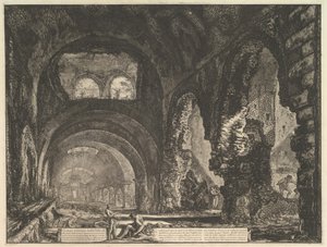 La llamada Villa de Mecenas en Tívoli. Interior con dos figuras en la apertura de..., ca. 1764 de Giovanni Battista Piranesi