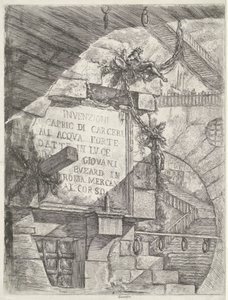 Impresión de título con cara en mazmorra y título en la pared Mazmorras (título de la serie) Invenzioni Capric di Carceri all Acqua Forte (título de la serie sobre el objeto) de Giovanni Battista Piranesi