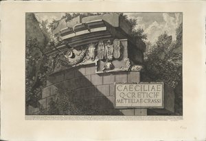 Tombe van Caecilia Metella te Roma Parte de la Fachada del Sepulcro de Cecilia Metella con los Ornamentos, que existen hoy (título sobre objeto) Archeologische vondsten in en rond Rome (título de la serie) Antigüedades romanas (título de la serie) de Giovanni Battista Piranesi