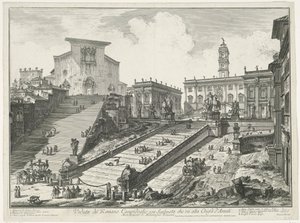 Trappen cerca de la Piazza del Campidoglio en de Santa Maria in Aracoeli te Rome Vista del Campidoglio Romano con Escalera que conduce a la Iglesia de Araceli (título sobre el objeto) Gezichten op Rome (título de la serie) Vistas de Roma diseñadas y grabad
