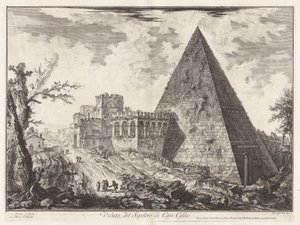 Veduta del Sepolcro di Cajo Cestio (Vista de la tumba piramidal de Caius Cestius [con la Porta S. Paolo a la izquierda]), de Vedute di Roma (Vistas de Roma) de Giovanni Battista Piranesi