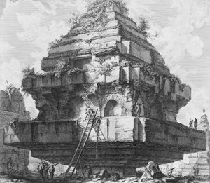 Vista de una gran estructura, restos de la Tumba de los Metelli en la Vía Apia..., 1756-57 de Giovanni Battista Piranesi