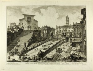 Vista de la colina Capitolina con las escaleras a la iglesia de S. Maria in Aracoeli, de Vistas de Roma de Giovanni Battista Piranesi