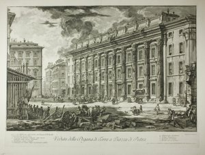 Vista de la Aduana de la Piazza di Pietra, construida dentro de las ruinas del Templo de Marco Aurelio Antonino Pío en su Foro, de Views of Rome de Giovanni Battista Piranesi