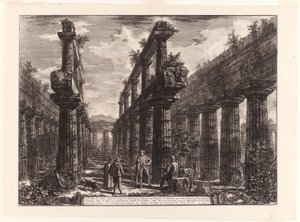 Vista de los restos de las dos filas de columnas en el Templo de Neptuno que [originalmente] formaban las columnatas a lo largo de los lados de la cella y sostenían la parte superior del techo, de Diferentes vistas de Paestum de Giovanni Battista Piranesi