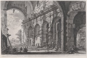 Vista del piso superior de las jaulas para animales salvajes construidas por el emperador Domiciano, asociadas con el Anfiteatro Flavio y comúnmente llamadas Curia Hostilia de Giovanni Battista Piranesi