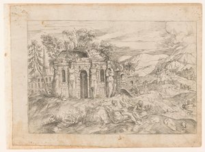 Paisaje con templo antiguo con cariátides de Giovanni Battista Pittoni (I) (attributed to)