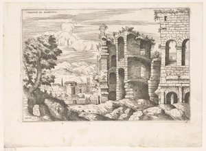 Vista del Coliseo y sus alrededores en Roma
Prospecto de Colossaei ro (título en el objeto)
Ruinas romanas (título de la serie)
Praecipua aliquot Romanae Antiquitatis Ruinarum Monimenta (...) (título de la serie) de Giovanni Battista Pittoni (I)