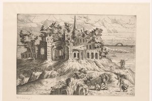 Paisaje con ruinas en el paseo marítimo y un sol naciente o poniente
Paisajes con ruinas y arquitectura de fantasía y figuras con trajes antiguos y exóticos (título de la serie) de Giovanni Battista Pittoni (I)