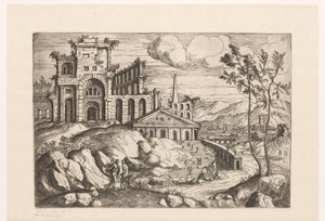 Paisaje con ruinas y arquitectura de fantasía sobre agua corriente con cascada
Paisaje con ruinas y arquitectura de fantasía y figuras con trajes antiguos y exóticos (título de la serie)