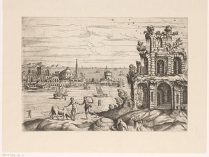 Paisaje urbano con ruinas y arquitectura de fantasía en el paseo marítimo
Paisajes con ruinas y arquitectura de fantasía y figuras con trajes antiguos y exóticos (título de la serie) de Giovanni Battista Pittoni (I)