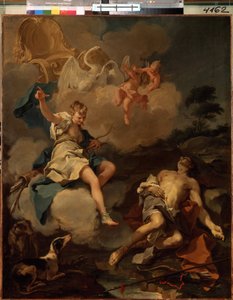 Diana y Endymion (Diana y Endymion). En la mitología griega, Diana (Artemisa) visita Endymion durante la noche y cae en un sueño perpetuo solo para contemplar su belleza. Pintura de Giambattista (Giovan Battista) (Giovanni Battista) Pitton de Giovanni Battista Pittoni